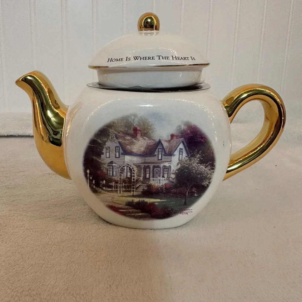 Thomas Kinkade Teapot White New Home Is Where The Heart Is Gold Trim Cottage MCM